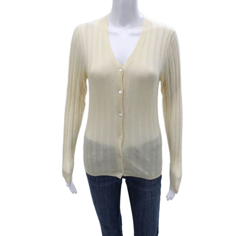 Bergdorf Goodman Women Cardigan Ivory Cashmere Silk V-Neck Long Sleeve Size M